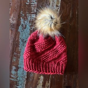 Luxurious Hand Knit Red Beanie with Faux Fur Pom Pom